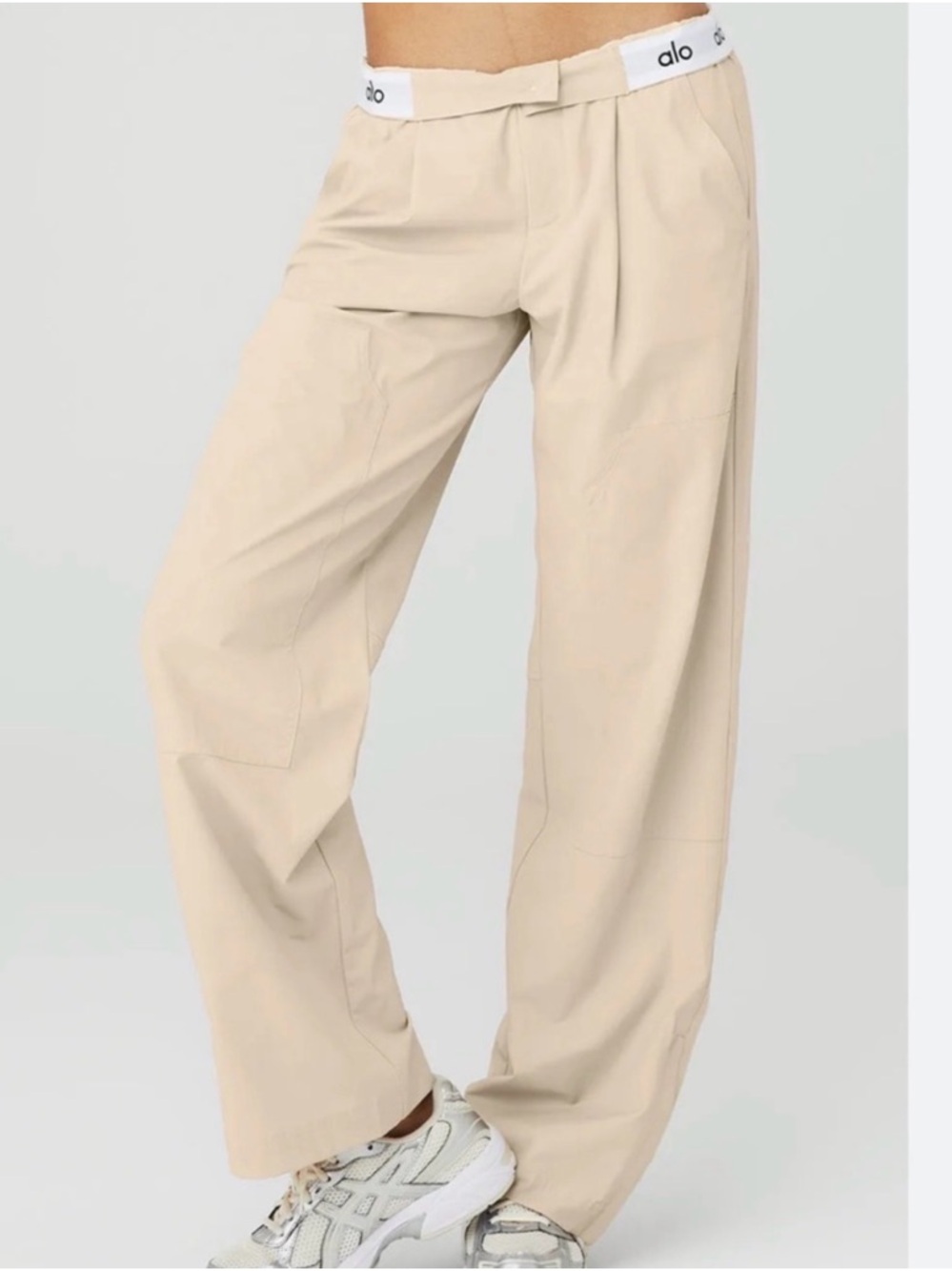 ALO Yoga Women's Straight Leg Pants in Beige with White Waistband
